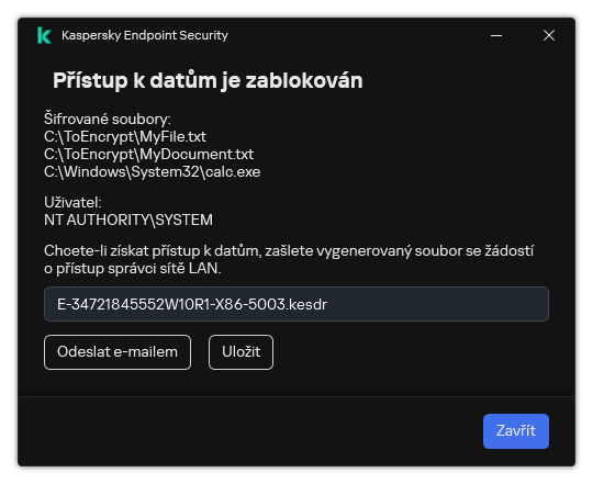 Okno se souborem požadavku na přístup k zašifrovaným datům. Uživatel může vygenerovaný soubor uložit na disk nebo poslat e-mailem.