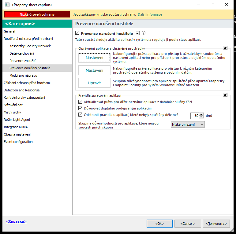 Okno nastavení součásti Prevence narušení.