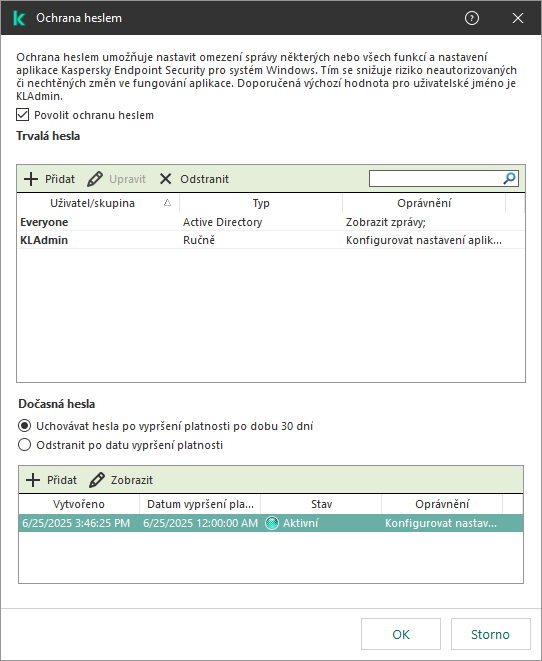 Okno Správa dočasných hesel.