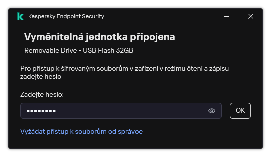 Okno obsahuje pole pro zadání hesla. Uživatel může vytvořit žádost o přístup k souboru.