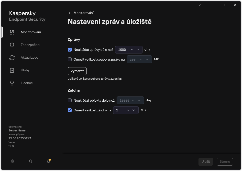 Okno Nastavení zpráv a úložiště. Uživatel může nastavit velikost a omezit dobu uložení sestav a objektů v úložišti.