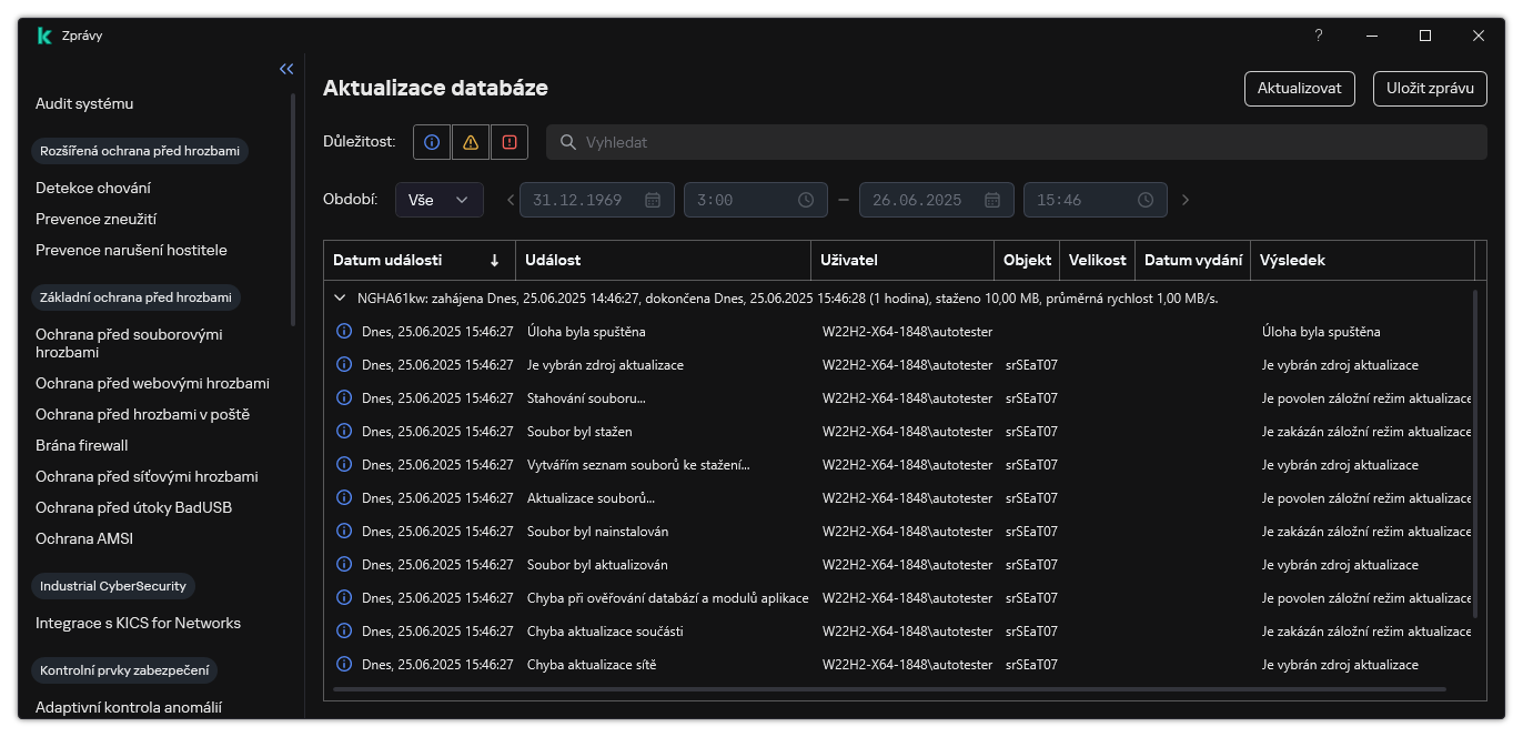 Okno se seznamem událostí ve zprávě. Uživatel může filtrovat/třídit události a ukládat zprávy do souboru.