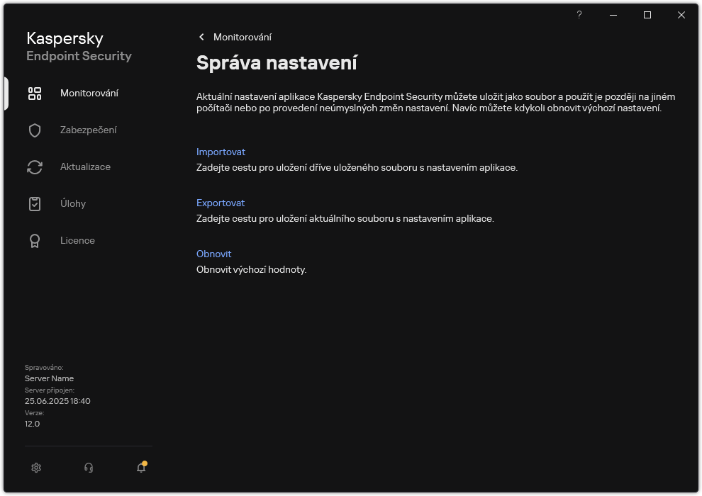 Okno nastavení výjimek. Uživatel může exportovat, importovat nebo obnovovat nastavení aplikace.