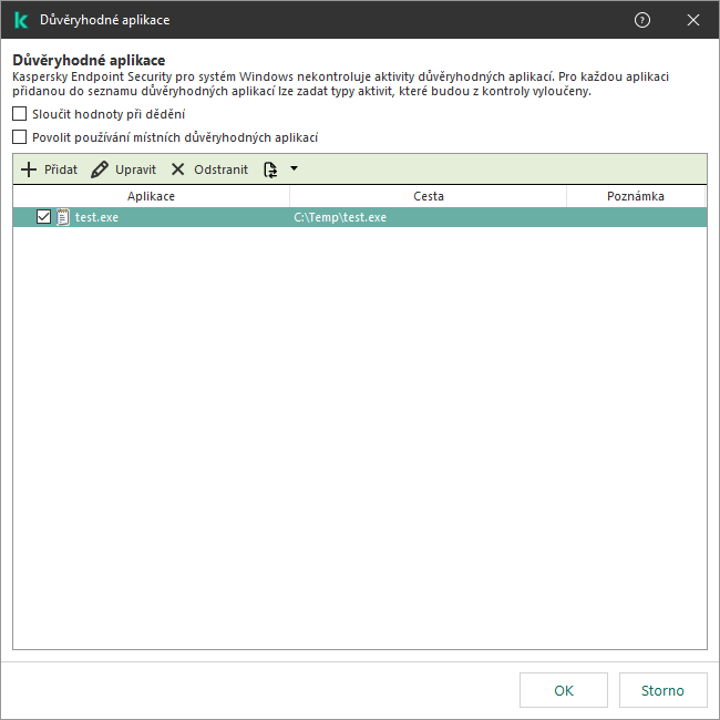 Okno se seznamem důvěryhodných aplikací. Uživatel může přidat, upravit nebo odebrat důvěryhodnou aplikaci.