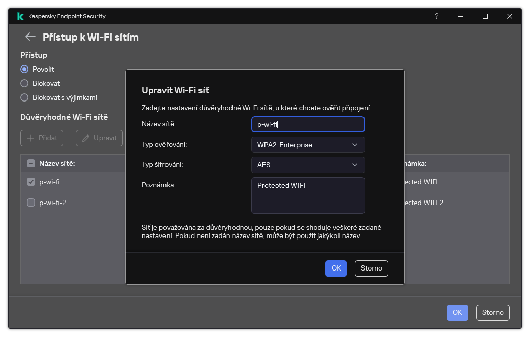 Okno obsahuje nastavení důvěryhodné Wi-Fi sítě.