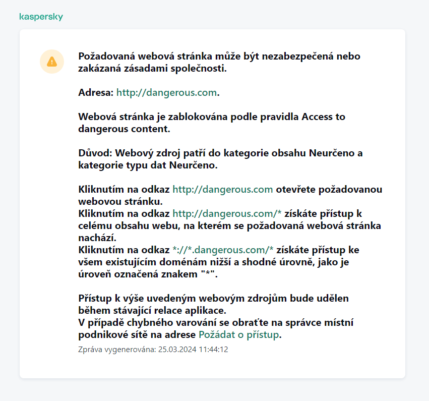 Upozornění aplikace Kaspersky na návštěvu potenciálně nezabezpečené webové stránky v okně prohlížeče. Uživatel může vytvořit požadavek na přístup k webovému prostředku.