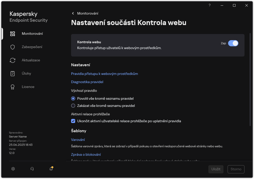 Nastavení součásti Kontrola webu.