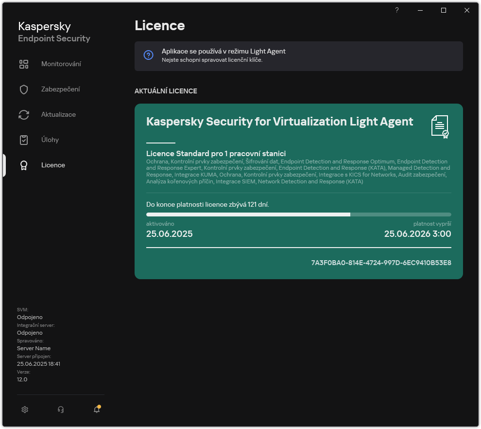 Okno s informacemi o licenci.