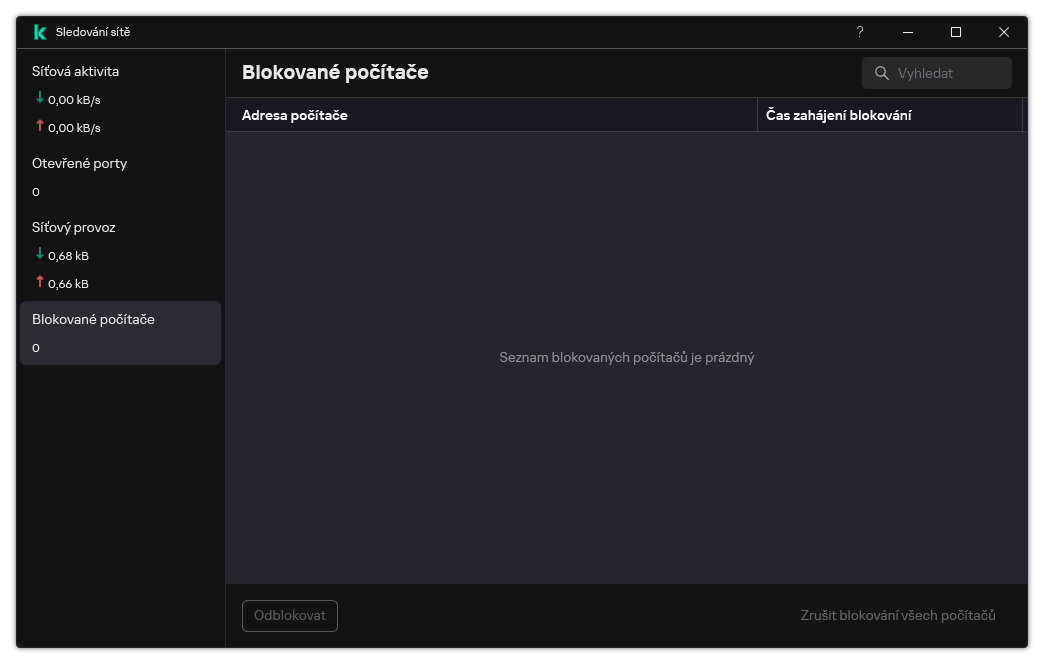 Okno Sledování sítě se seznamem blokovaných počítačů. Můžete odblokovat jednotlivé počítače nebo všechny počítače.