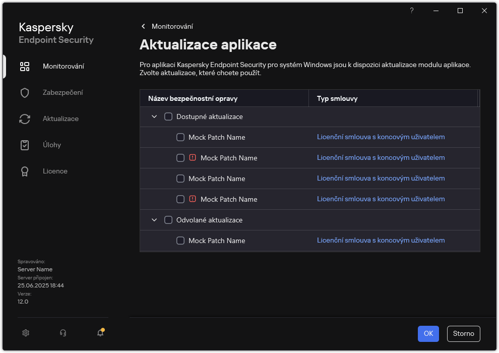 Okno se seznamem dostupných oprav. Uživatel si může vybrat opravy a přijmout smluvní podmínky.