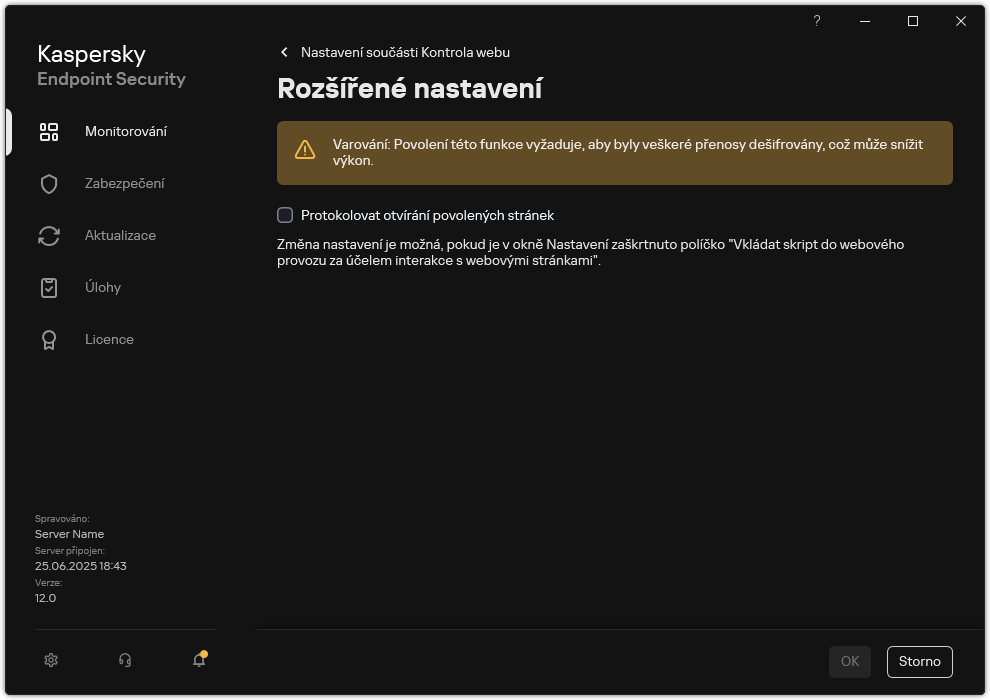 Okno s rozšířeným nastavením součásti Kontrola webu.