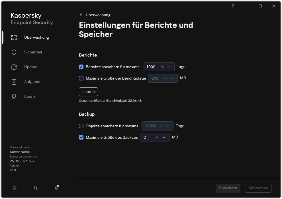 Fenster mit Einstellungen für „Berichte und Speicher“. Der Benutzer kann die Größe von Berichten und Objekten festlegen und die Speicherdauer in der Datenverwaltung begrenzen.