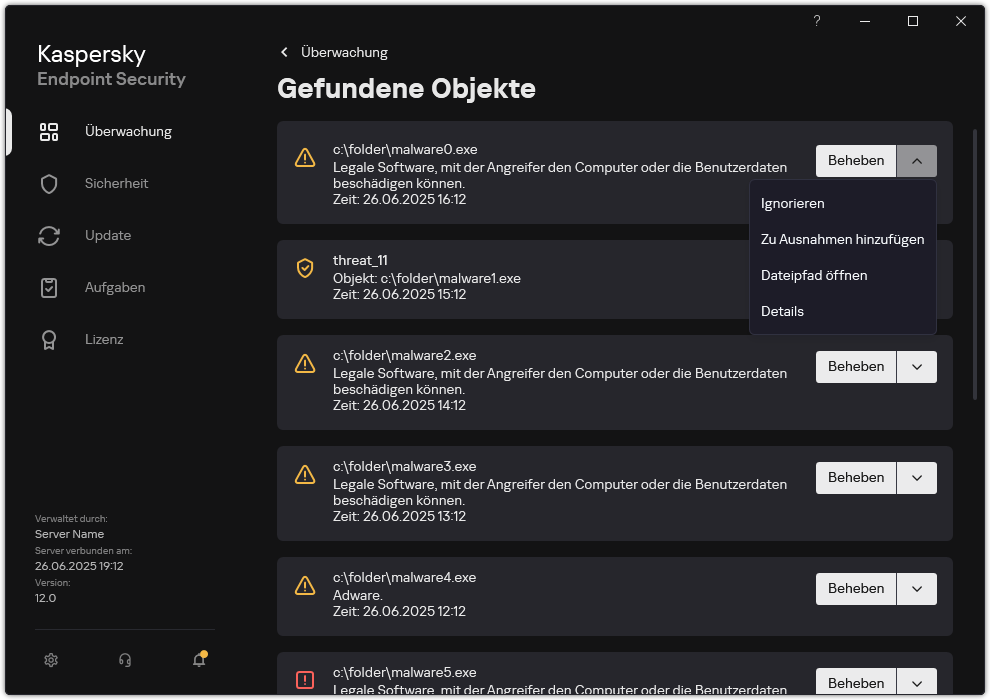 Ein Fenster mit einer Liste der erkannten Objekte. Informationen zum Objekt werden angezeigt. Der Benutzer kann das Objekt verarbeiten oder entfernen.