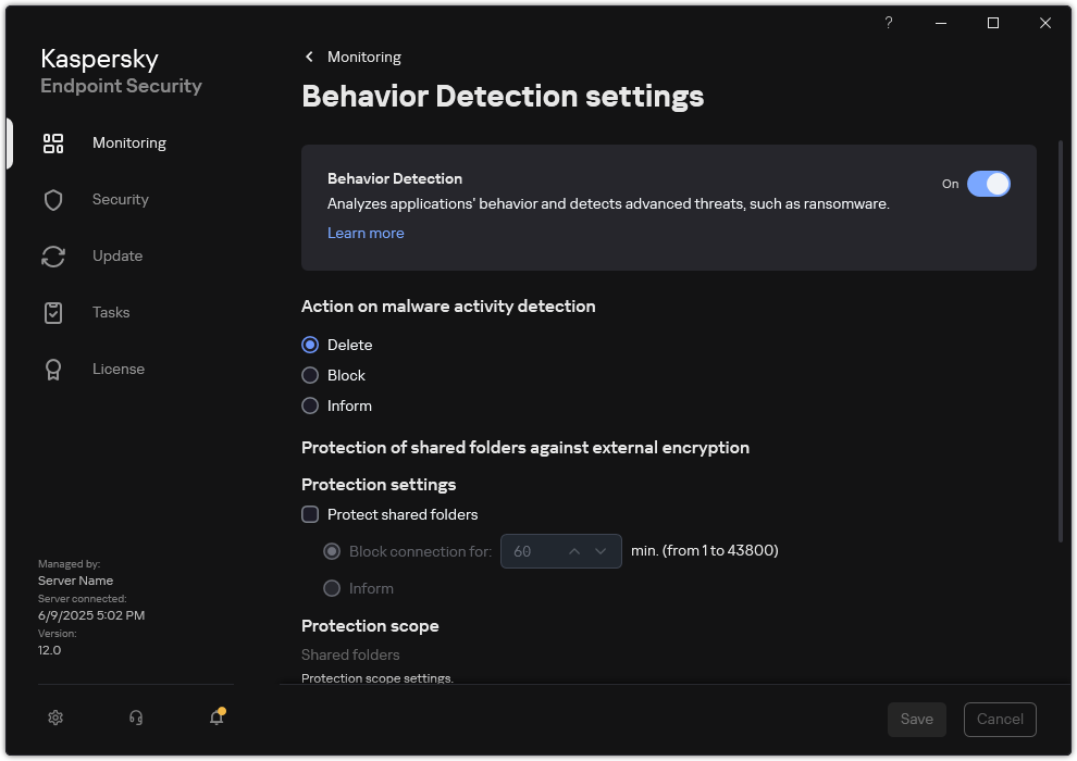 Behavior Detection settings window.