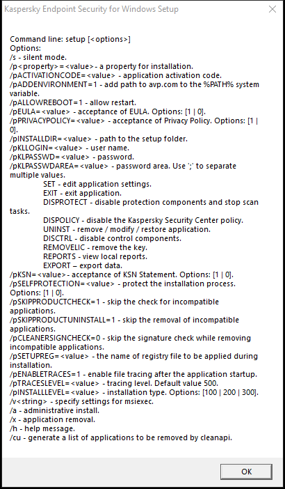 Tooltip window describing the command options to install the application via CMD.