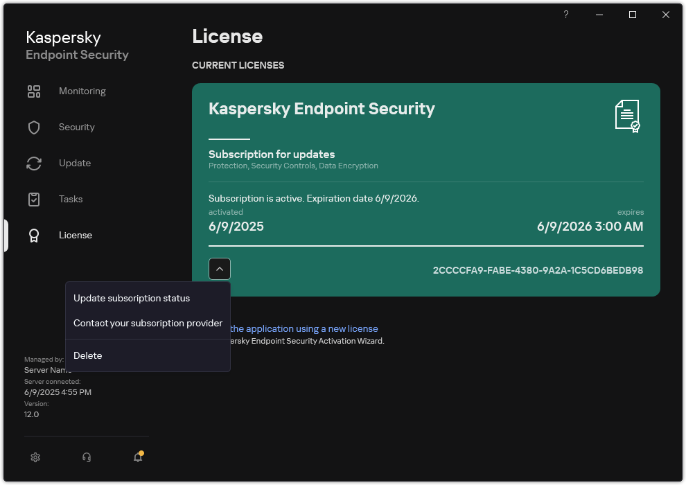 The window with information about the license. The user can update the subscription status, contact subscription provider, or remove the license.