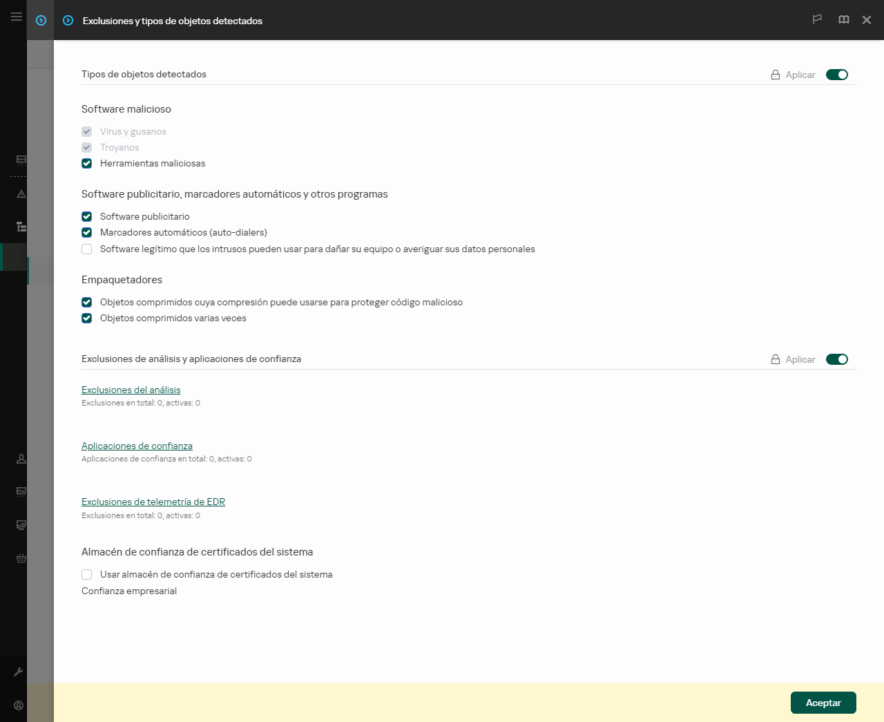 Ventana de configuración de exclusiones. El usuario puede añadir exclusiones y aplicaciones de confianza.