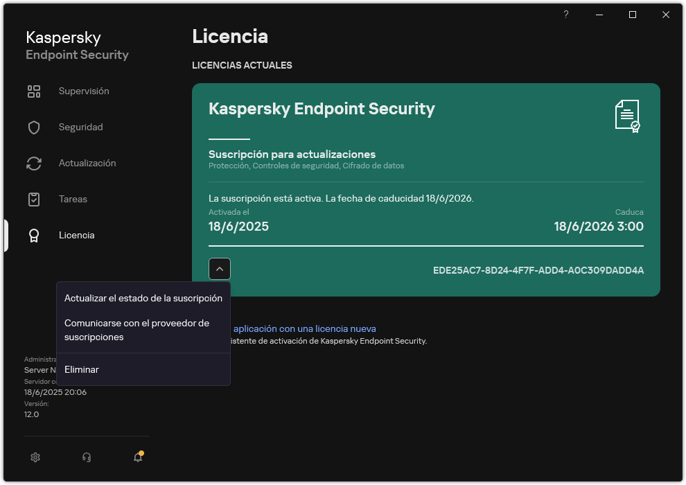 La ventana con información acerca de la licencia. El usuario puede actualizar el estado de la suscripción, ponerse en contacto con el proveedor de la suscripción o eliminar la licencia.