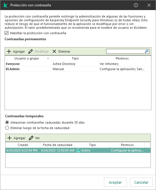 Ventana de Administración de contraseñas temporales.