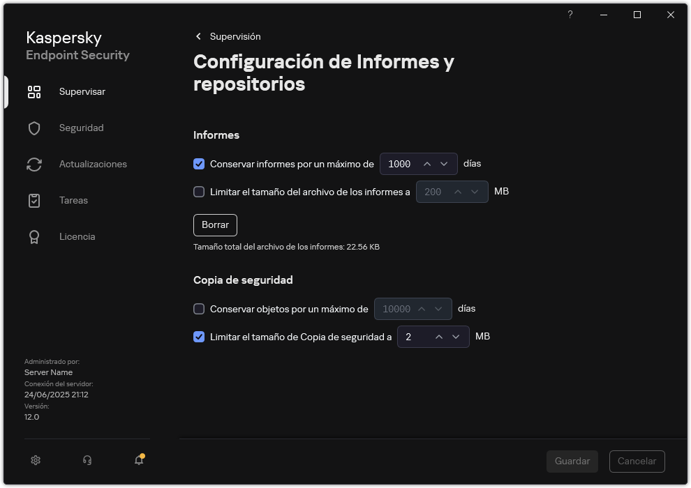 Ventana Configuración de informes y repositorios. El usuario puede establecer el tamaño y limitar el tiempo de almacenamiento de informes y objetos en el repositorio.
