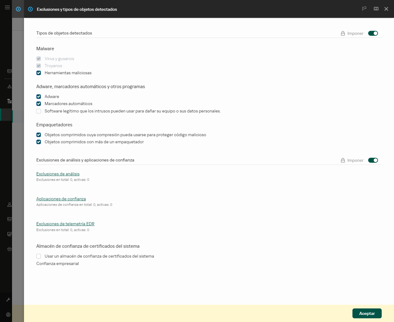 Ventana Configuración de exclusiones. El usuario puede agregar exclusiones y aplicaciones de confianza.