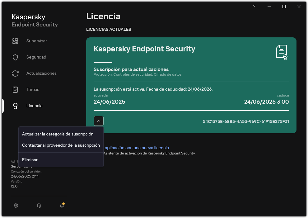 La ventana con información sobre la licencia. El usuario puede actualizar el estado de suscripción, comunicarse con el proveedor de suscripción o quitar la licencia.