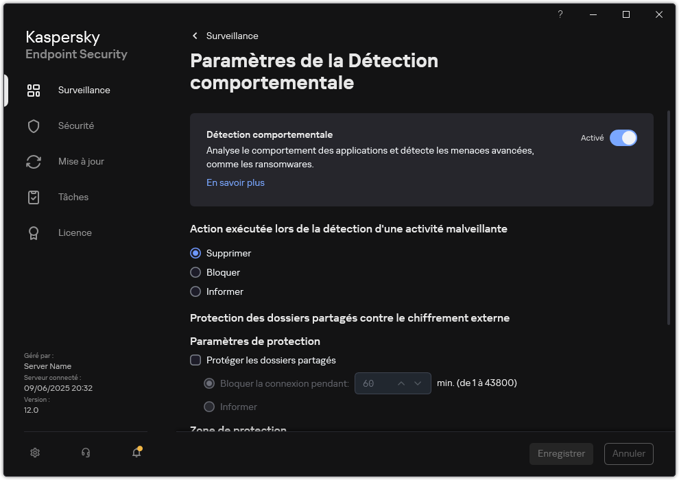 Fenêtre des paramètres de la Détection comportementale