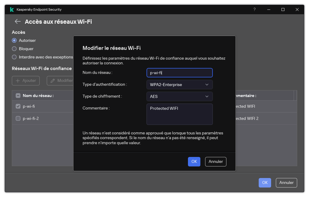 La fenêtre contient les paramètres du réseau Wi-Fi de confiance.