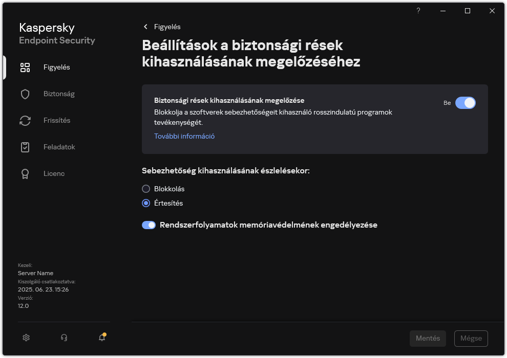 A Biztonsági rések kihasználásának megelőzése funkció ablaka