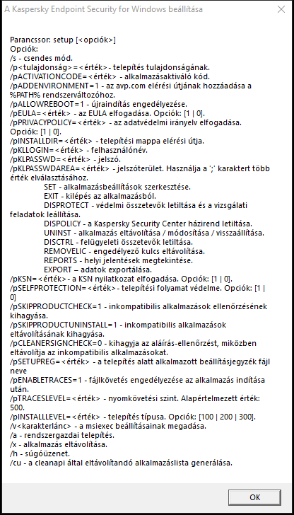 Elemleírás ablak, amely ismerteti az alkalmazás parancssoron keresztüli telepítésének beállításait.