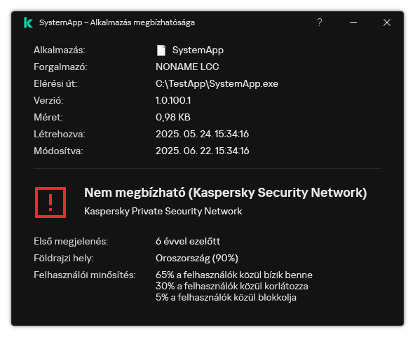 Az ablak információkat tartalmaz a fájl megbízhatóságáról és egyéb adatokról, például a digitális aláírás meglétéről.
