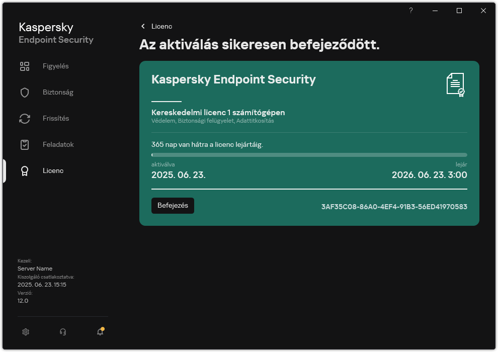 Az ablak a licencre vonatkozó információkat tartalmazza: lejárat dátuma, elérhető funkciók és egyéb információk.
