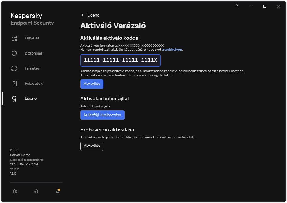 Ablak az alkalmazás aktiválására szolgáló eszközökkel. A felhasználó megadhat egy aktiváló kódot, vagy kiválaszthat egy kulcsfájlt.