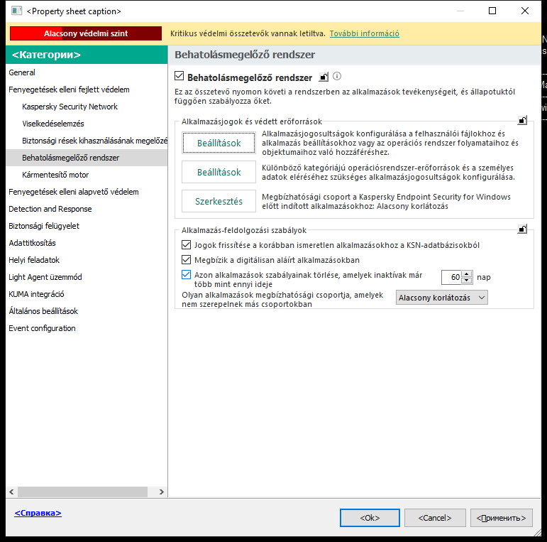 Behatolásmegelőző rendszer beállításai ablak.