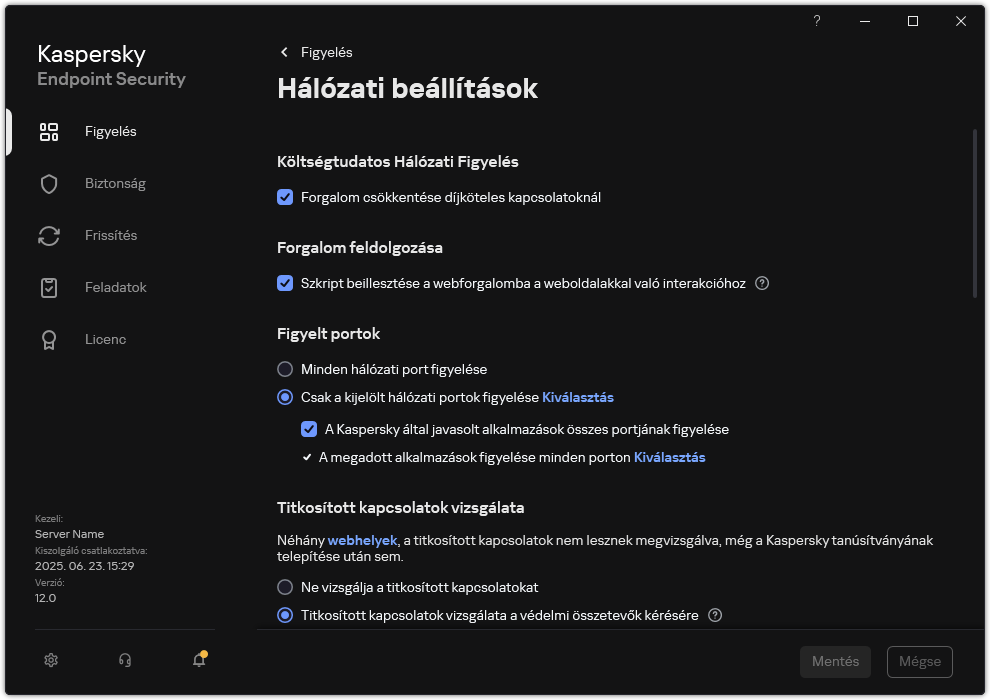 Alkalmazások hálózati beállításainak ablaka.