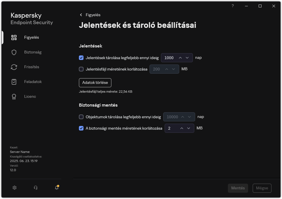Jelentések és tároló beállításai ablak. A felhasználó beállíthatja a tárolóban lévő jelentések és objektumok méretét, és korlátozhatja a tárolási időt.