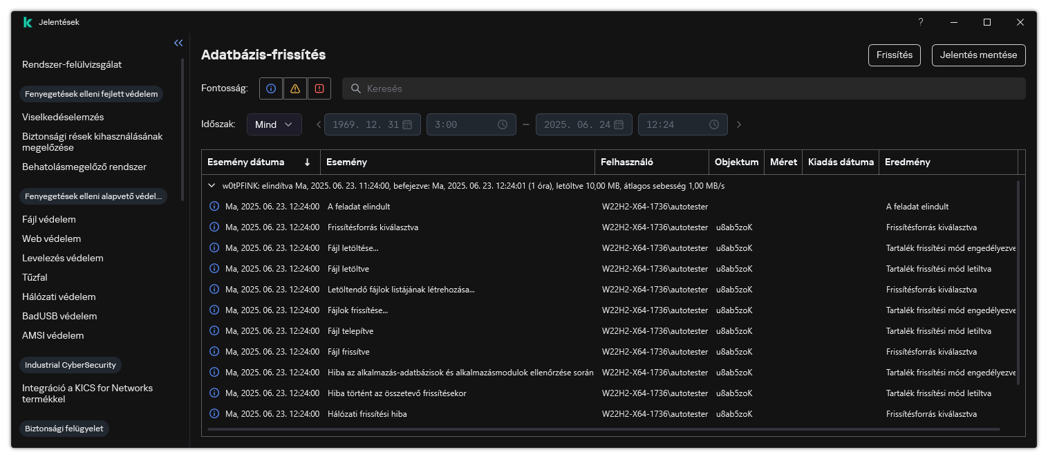Egy ablak a jelentésben szereplő események listájával. A felhasználó szűrheti/rendezheti az eseményeket, és fájlba mentheti a jelentéseket.
