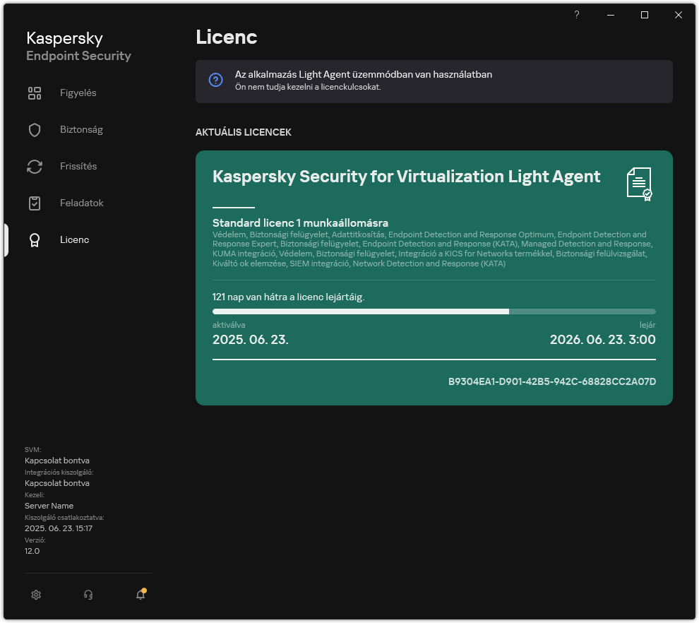 A licencinformációkat tartalmazó ablak.