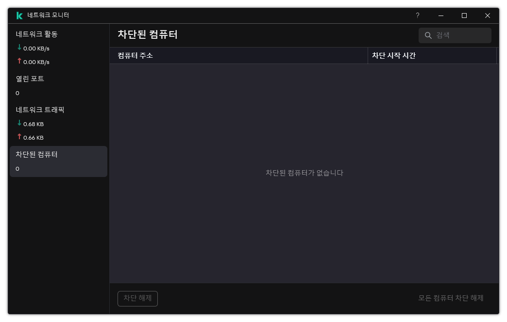 차단된 컴퓨터 목록이 있는 네트워크 모니터 창. 개별 컴퓨터 또는 모든 컴퓨터의 차단을 해제할 수 있습니다.