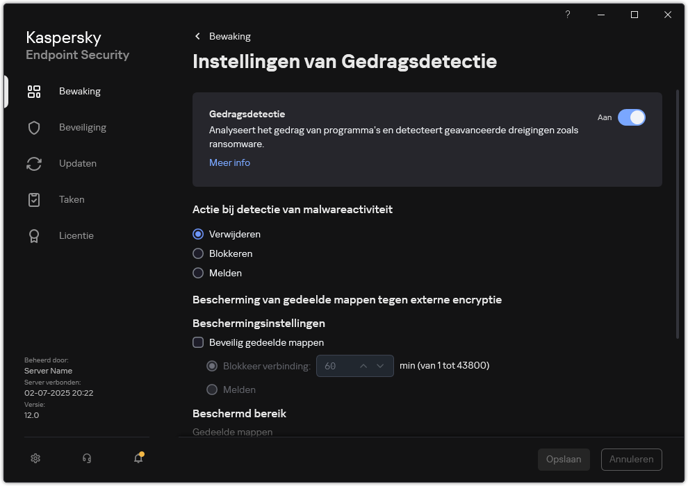 Venster Instellingen van Gedragsdetectie