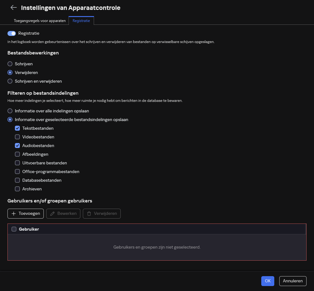 Het venster voor het configureren van de registratie van gebeurtenissen over het gebruik van verwisselbare schijven. De gebruiker kan de gebeurtenissen selecteren die moeten worden geregistreerd.