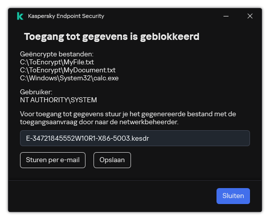 Een venster met een verzoekbestand om toegang te krijgen tot gecodeerde gegevens. De gebruiker kan het gegenereerde bestand opslaan op schijf of per e-mail verzenden.