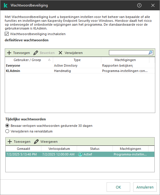 Het venster Beheer van tijdelijke wachtwoorden.