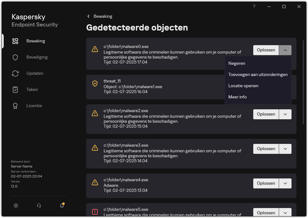 Een venster met de lijst met gedetecteerde objecten. Er wordt informatie over het object weergegeven. De gebruiker kan het object oplossen of verwijderen.