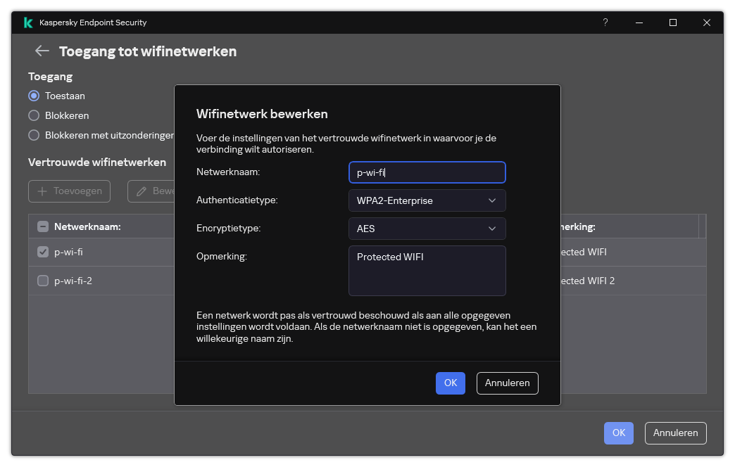 Het venster bevat de instellingen van het vertrouwde wifi-netwerk.