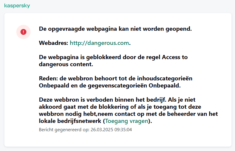 Kaspersky-melding over het blokkeren van de toegang tot de webpagina in het browservenster. De gebruiker kan een verzoek maken om de webbron te openen.