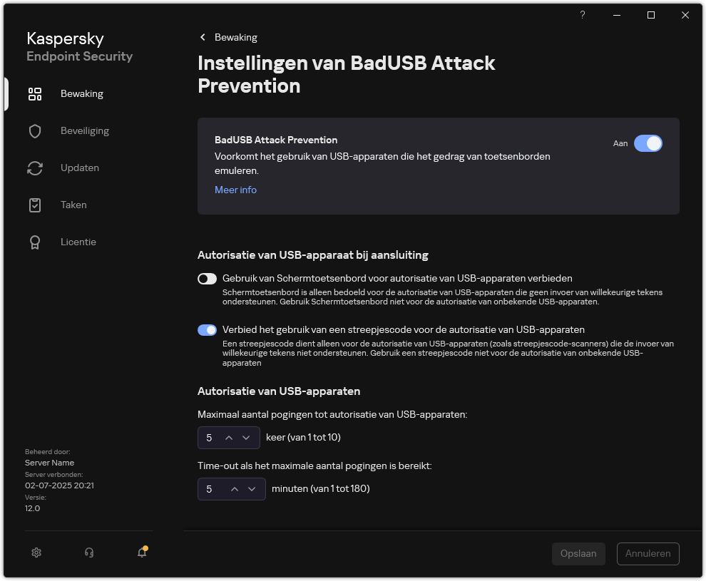 Het instellingen venster van BadUSB Attack Prevention.