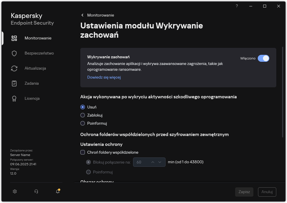 Okno Ustawienia modułu Wykrywanie zachowań.