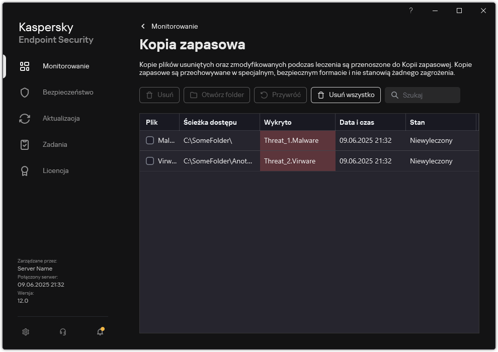 Okno kopii zapasowej.