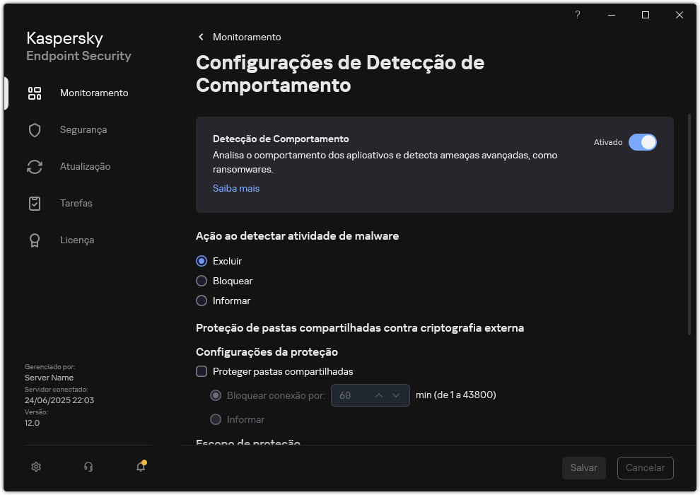 Janela Configurações de Detecção de Comportamento.